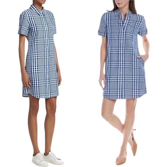Theory Mayvine Dillon Plaid Linen Mini Shirt Dress Women 4 Blue White Preppy NWT - Picture 2 of 16